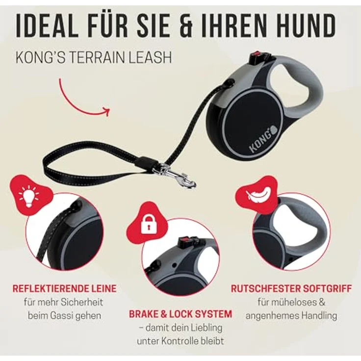 KONG Terrain Hundeleine, einziehbar mit Softgrip-Griff, intuitiver Bremse, schwarz, in 5 Farben und 3 Größen erhältlich – Bild 2