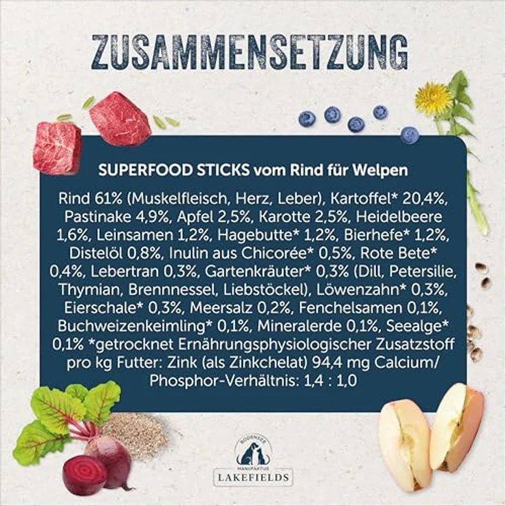 Lakefields SUPERFOOD Sticks, Premium Hundeleckerli für Welpen mit 61% Rind, 130g, getreidefrei, mit Roter Beete & Heidelbeeren, entwickelt mit Tierärzten – Bild 4