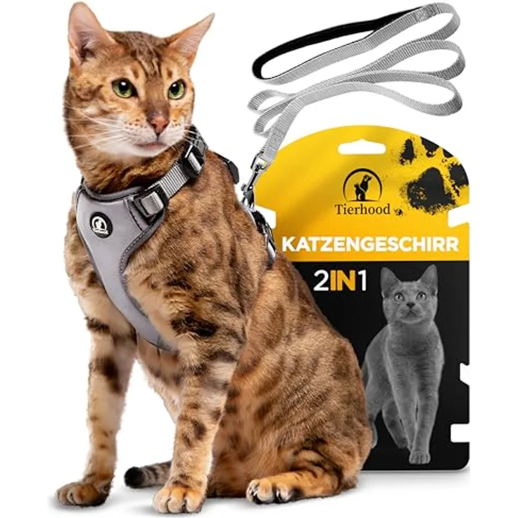 Tierhood Katzengeschirr mit Leine [Leichte Version] - Komfortabel und sicher für Katzen und Kätzchen - Grau, Größe S