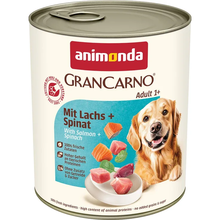 animonda GranCarno Adult mit Lachs + Spinat, Hunde-Nassfutter, 6x800g, ausgewogene Ernährung für erwachsene Hunde