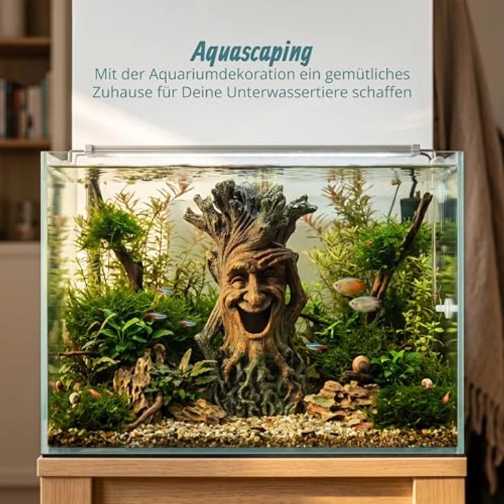 relaxdays Aquariendeko Baum mit Gesicht, detailreiche Dekoration aus Polyresin für Süß- und Salzwasser, braun-grün, ca. 23 x 12 x 11 cm – Bild 3
