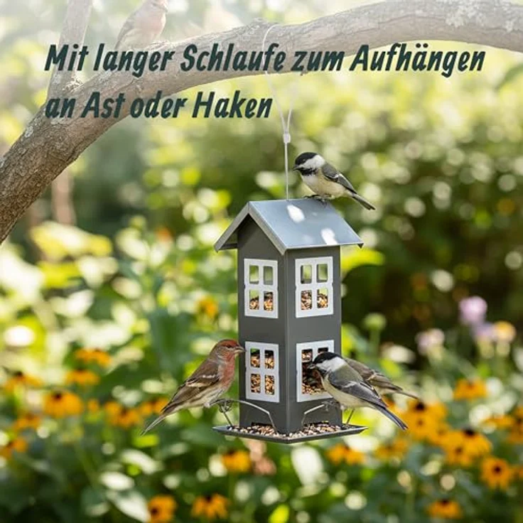 Relaxdays Vogelhaus, Metall, grau, zum Aufhängen mit 2 Etagen, HxBxT: 26 x 12 x 12 cm, Futterstation für Garten und Balkon – Bild 3