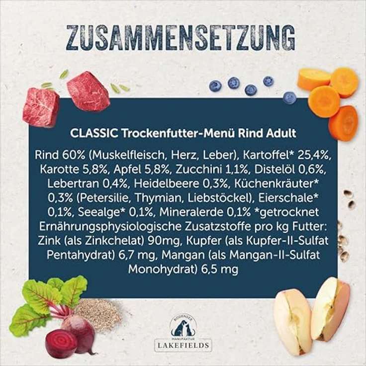 Lakefields Classic Hundefutter trocken, Rind 60%, 2,5kg, getreidefreies Trockenfutter mit Kartoffel, Äpfeln & Karotten, Zutaten in Lebensmittelqualität, schonend gebacken – Bild 5