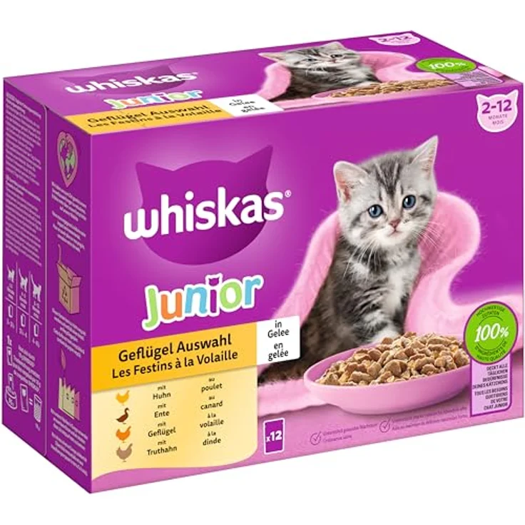Whiskas Multipack Junior Geflügel Auswahl in Gelee, 12 x 85g, ernährungsphysiologisch ausgewogen – Bild 2