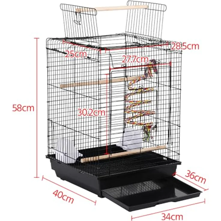 Yaheetech Vogelkäfig mit Dach, 40 x 40 x 58 cm, für Wellensittiche und Nymphensittiche, inklusive Vogelspielzeugen, schmutzresistente Wanne, verschließbare Tür – Bild 3