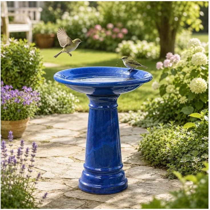LVHOM Keramik Vogelbad, handgefertigt, Ø 31,5cm, wetterfest in glänzendem Antik, für Garten, Terrasse und Balkon