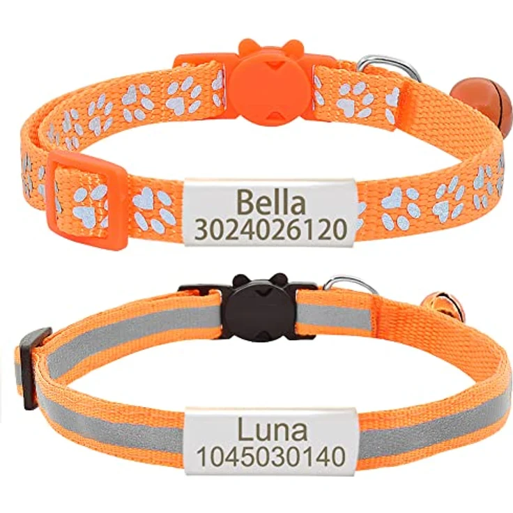 Senristar Personalisierte 2 Pack Reflektierende Katze Halsband, Breakaway mit Edelstahl-Namensschild und Glocke, einstellbar 20-28 cm, Schwarz/Silber – Bild 1