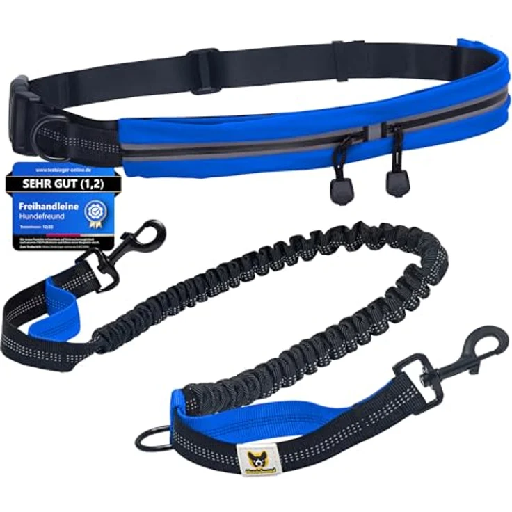 Hundefreund Joggingleine mit Bauchgurt Blau, elastisch, ruckdämpfend, reflektierend, für Hunde bis 70 kg, freie Hände zum Joggen, Laufen, Radfahren, Wandern – Bild 1