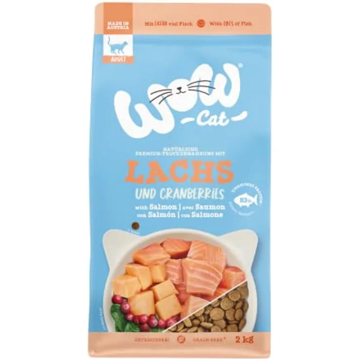 WOW Cat Adult Lachs, Premium-Trockennahrung für ausgewachsene Katzen, 2 kg, ohne Getreide, reich an tierischem Protein