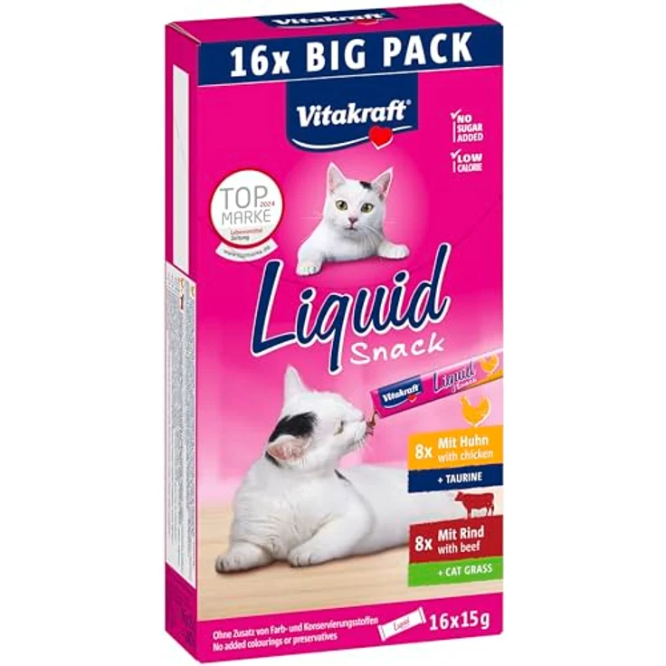 Vitakraft Liquid Snack Multipack mit Huhn und Rind, 16x15 g, cremige Schlecksnacks mit Omega-3 und Biotin für gesunde Haut und Fell – Bild 1