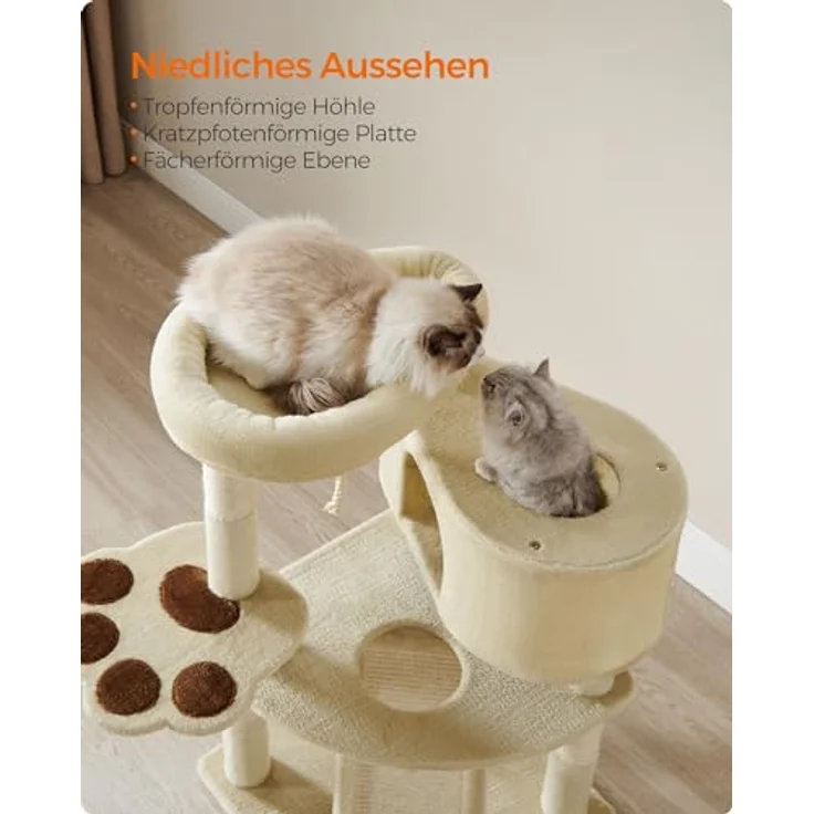 Feandrea PCT40M, mehrstöckiger Katzenkratzbaum mit Plattform, Höhle, Kratzrampe und 4 Kratzsäulen, für Katzen bis 7 kg, 49 x 49 x 95 cm, beige, einfache Montage – Bild 5