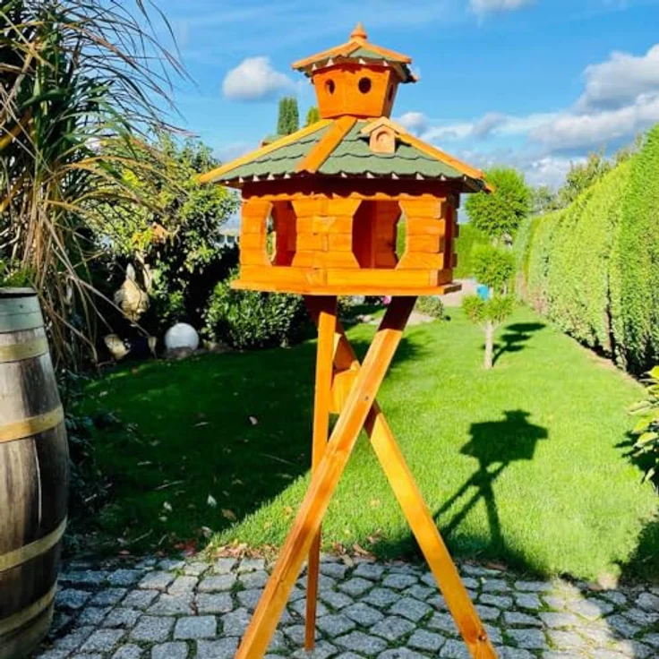 DARLUX handgefertigtes Sechseck Vogelhaus aus Holz, wetterfest, Größe XXL mit Ständer, Grün - Braun, inkl. Futterspender und Schornsteindeckel – Bild 2