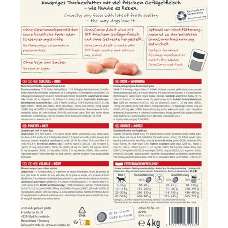 animonda GranCarno Adult Hundetrockenfutter getreidefrei Geflügel + Rind, 12 kg, Trockenfutter ohne Gluten und Weizen für hohe Bekömmlichkeit – Bild 2