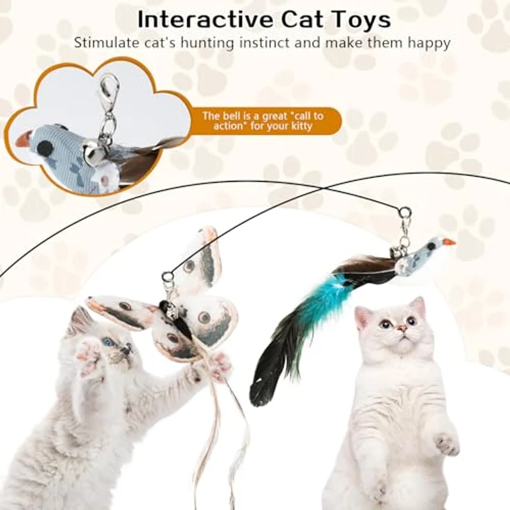 AiQInu 11 Stück Katzenspielzeug Interaktive, Katzenangel mit 2 Saugnäpfen und Glöckchen, Spielzeugset für Katzen aus hochwertigem Material, 92 cm lang – Bild 3