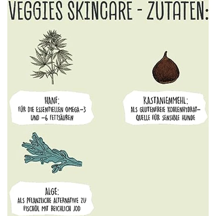 VEGDOG Veggies Skincare, hypoallergener Hundesnack (10 x 125 g) | veganer Trainingssnack für glänzendes Fell und gesunde Haut mit Kastanie und Hanf, getreidefrei und ohne Zuckerzusatz – Bild 5