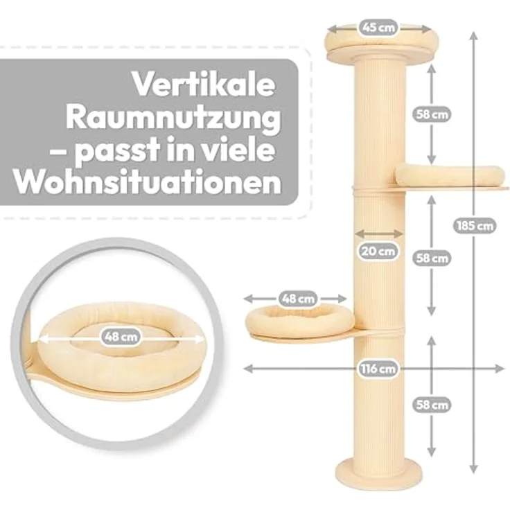 PET VIOLET Kratzbaum wandmontiert 185 cm hoch, XXL Katzenbaum mit 3 Plattformen, Premium Sisal Säulen, abnehmbare und waschbare Kissen, stabil und platzsparend, Beige – Bild 2