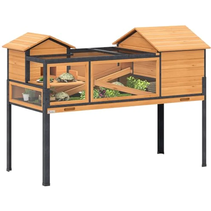 PawHut Schildkrötenhaus aus Holz, erhöhtes Schildkrötengehege mit 2 Etagen, Sichtfenstern und aufklappbarem Deckel, 128x63x96cm, gelb – Bild 1