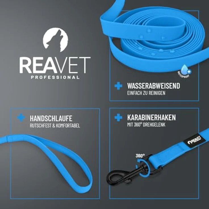 ReaVET Schleppleine für Hunde 10 Meter, robuste & wasserfeste Übungsleine mit Griff, Trainingsleine für große & kleine Hunde, Blau – Bild 2