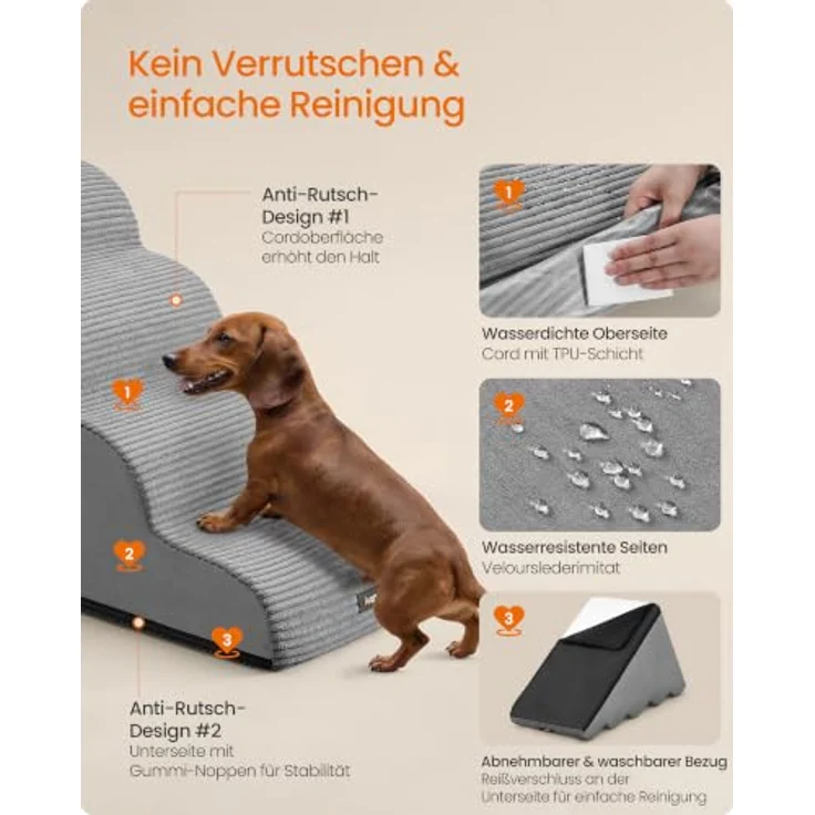 Feandrea Hundetreppe PPS005GD01, 5 Stufen, rutschfest, wasserdicht, für kleine Hunde, in stillem Taubengrau, abnehmbarer waschbarer Bezug, geringer Neigung – Bild 5