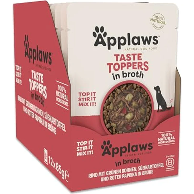 Applaws Taste Toppers, 100% natürliche Wet Hundefutter Topper, getreidefreies Rindfleisch mit Gemüse in Brühe, 12 x 85g Beutel – Bild 1