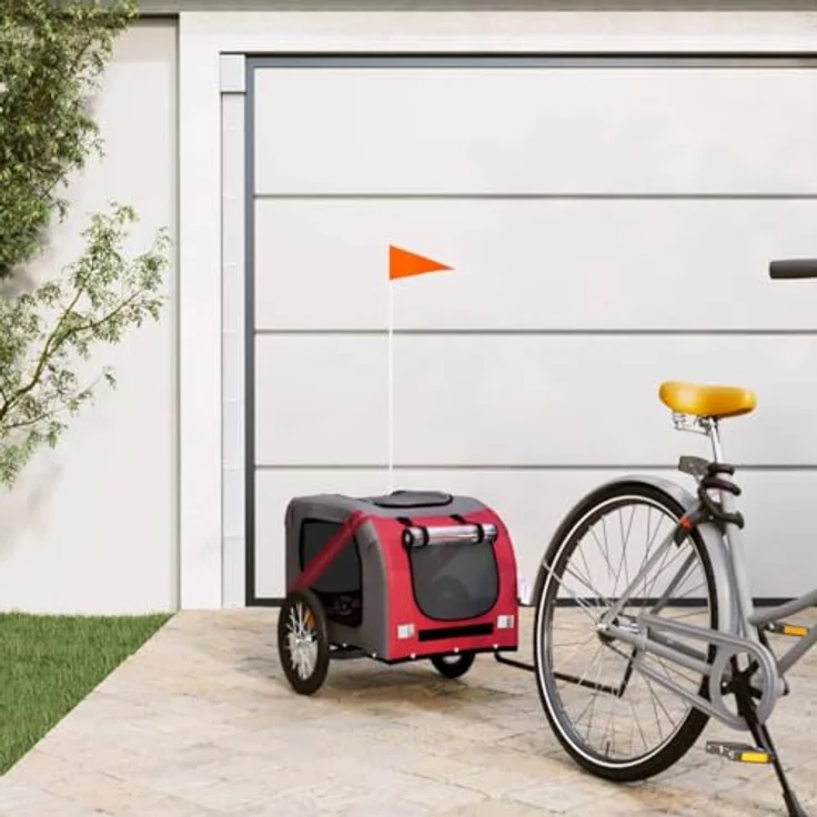vidaXL Hunde-Transportbox Fahrradanhänger Hunde Rot und Grau Oxford-Gewebe und Eisen, 45 kg Tragfähigkeit, PVC-Dach und reflektierende Elemente – Bild 3