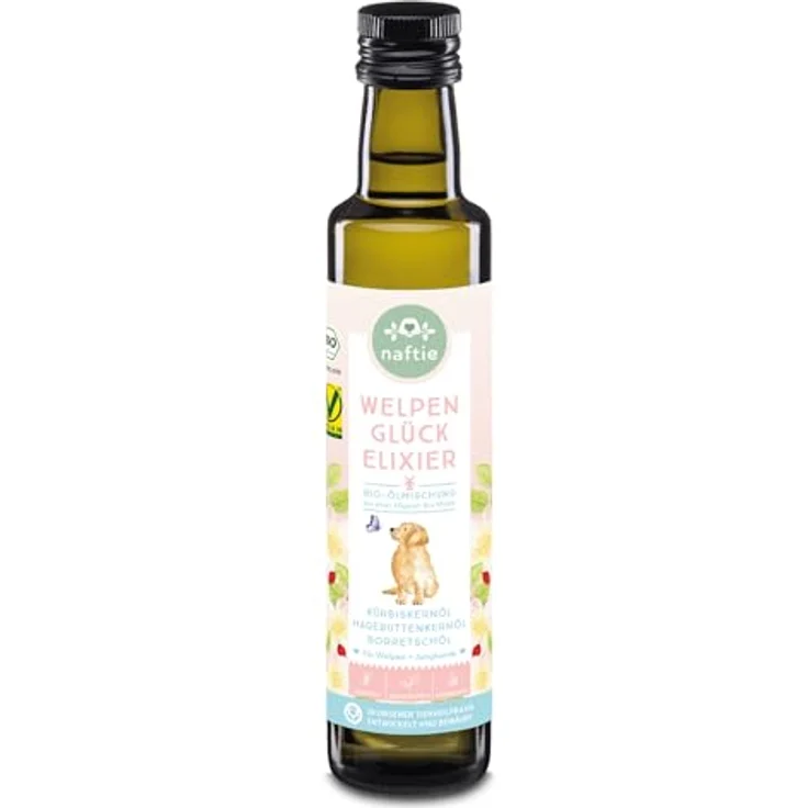 naftie Bio Welpenöl Welpenglück, Öl Mix für Welpen & Junior-Hunde, 250ml - Premium Futteröl mit 7 Bio-Ölen, reich an Omega-3 und Omega-6, vegan, ohne Zusatzstoffe – Bild 1