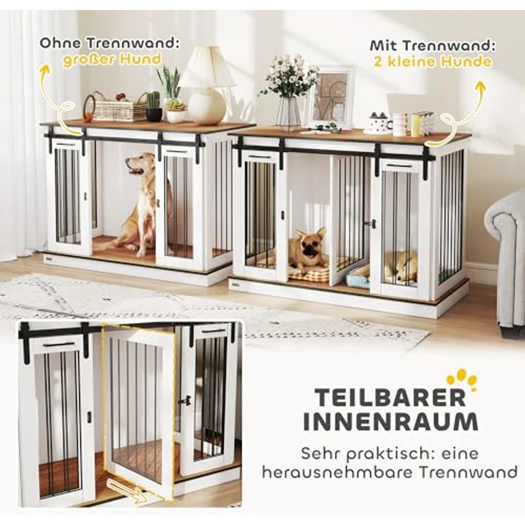 PawHut Hundekäfig Möbel mit Zweiraum-Option, moderne Metall Hundebox für große Hunde bis 30 kg, 2 Türen, Weiß, 120 x 60 x 88,5 cm – Bild 4
