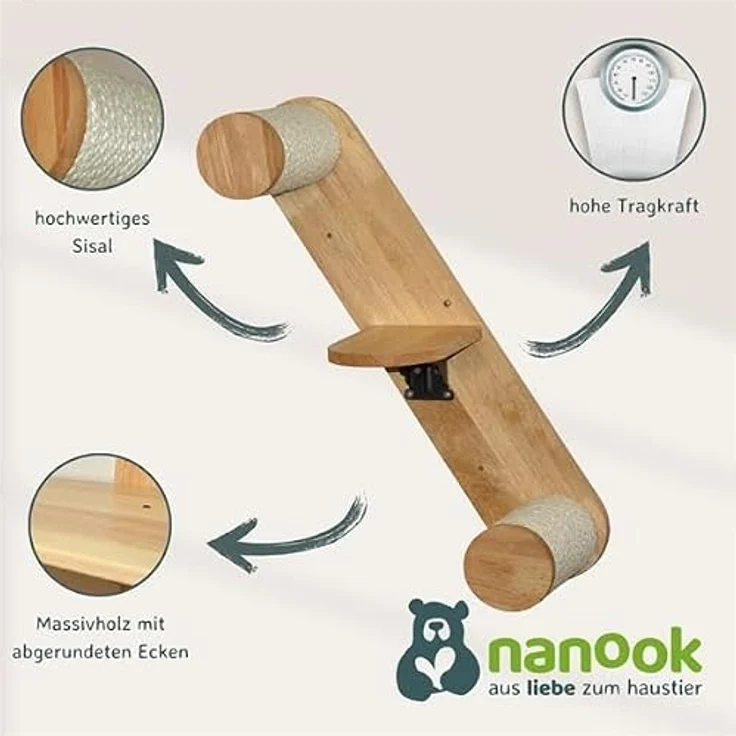nanook Katzentreppe 3-stufig mit Sisalstämmen Wandkratzbaum Katzenleiter Kletterleiter Kletterwand - 60 cm, aus Gummibaumholzholz, naturfarben – Bild 3
