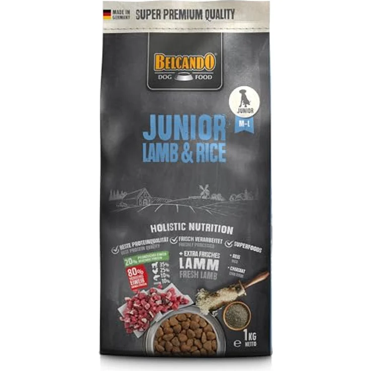 Belcando Junior Lamb & Rice, Trockenfutter für empfindliche Junghunde ab 4 Monaten, 1 kg, alle Rassen, mit 30% frischem Lamm – Bild 1