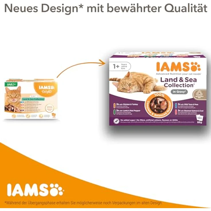 IAMS Delights Sea Collection Katzenfutter Nass, Multipack mit 4 Fischsorten (Lachs, Thunfisch, Makrele, Seefisch) in Sauce, 12 x 85g für Katzen ab 1 Jahr – Bild 3