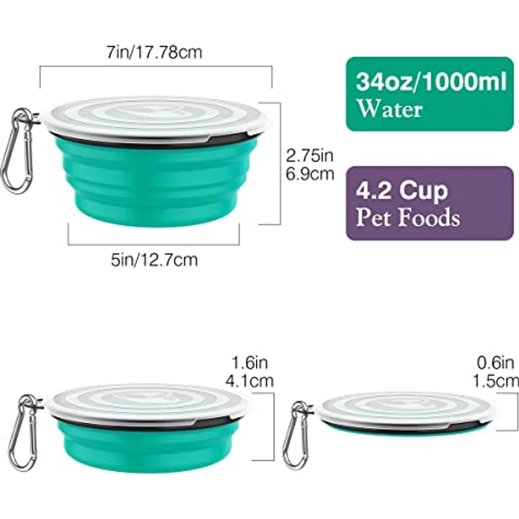 Pawaboo Faltbar Hundenapf, 2 Stück 1000 ml, aus Silikon, auslaufsicher mit Deckel und Karabiner für Hunde und Katzen, Türkis + Lila – Bild 4