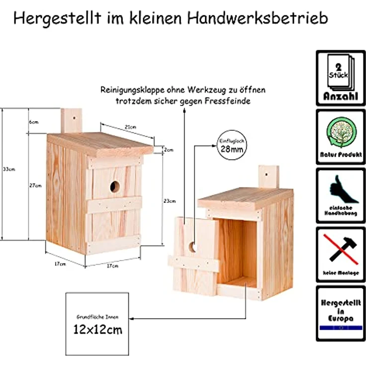 2x Nistkasten für Meisen & Kleinvögel - Vogelhaus aus Massivholz - 27x17x17cm – Bild 7