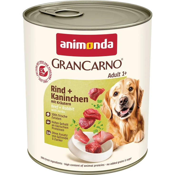 animonda GranCarno Rind und Kaninchen mit Kräutern, Hunde-Nassfutter, 6x800g, frei von künstlichen Farbstoffen