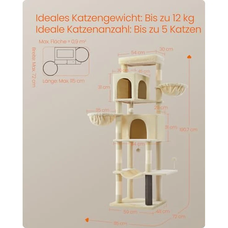Feandrea Kratzbaum groß, 190,7 cm hoch, XXL, mehrstöckiger Katzenbaum mit 2 Höhlen, 2 Liegemulden, 5 Kratzsäulen, Katzenbürste, große Plattform, sandbeige – Bild 7