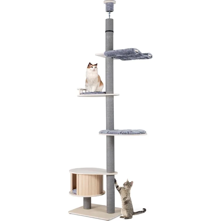 Northix Deckenhoher Katzenbaum, verstellbar für Deckenhöhen 236–271 cm, mit Hängematte und Plattformen, Grau
