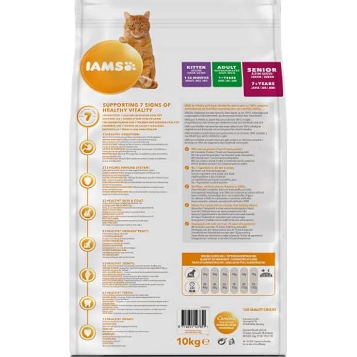 IAMS Senior Katzenfutter trocken mit Huhn, 10 kg - Ausgewogenes Trockenfutter für Katzen ab 7 Jahren, reich an tierischen Proteinen, weizenfrei, mit Omega-3- & Omega-6-Fettsäuren für gesunde Haut und glänzendes Fell – Bild 2