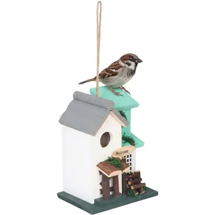 Relaxdays Deko Vogelhaus im Landhausstil, mehrfarbige Holz-Vogelvilla zum Aufhängen, HBT 23 x 18 x 13 cm, wetterfest für Garten und Balkon