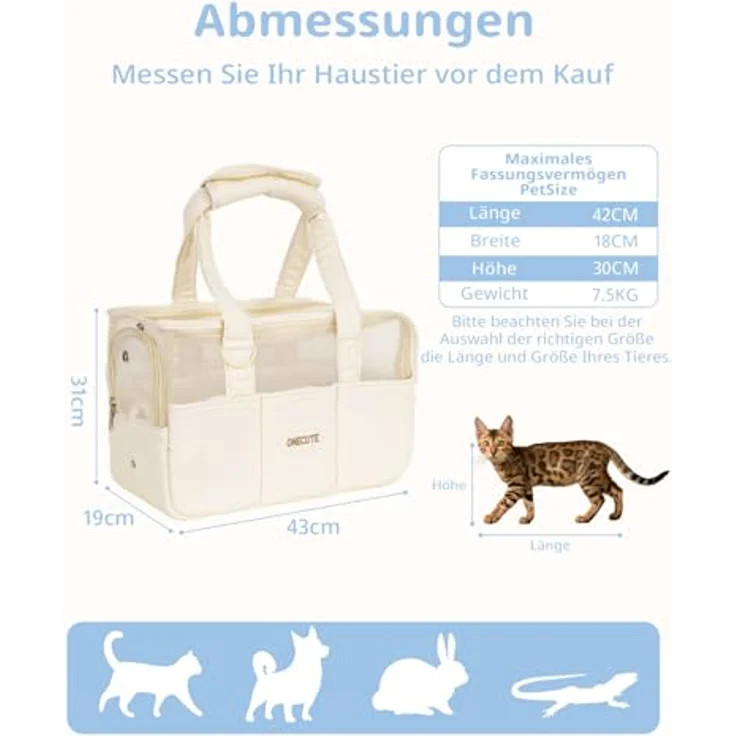 ONECUTE Klappbare Hundetasche für Kleine Hunde, Katzen & Kaninchen – Tragetasche mit Sicherheitsverschluss, Belüftungsmesh, 5 Seitentaschen, Beige durchlässig, 43x19x31 cm – Bild 2