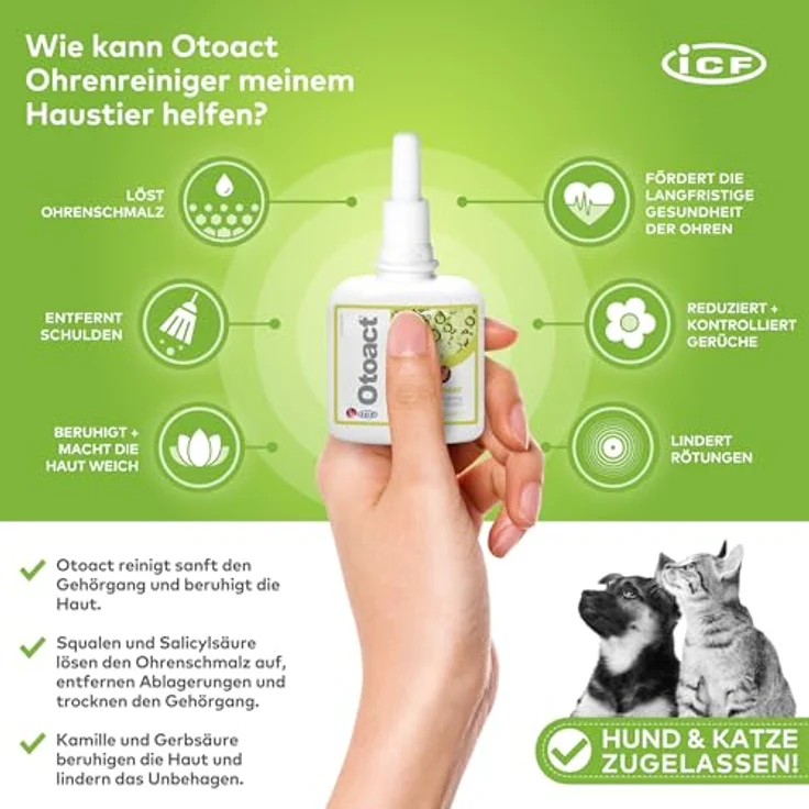 ICF Otoact Ohrenreiniger für Hunde & Katzen, sanfte Ohrreinigungslösung, entfernt Ohrenschmalz & unterstützt Ohrenhygiene, 100ml – Bild 2