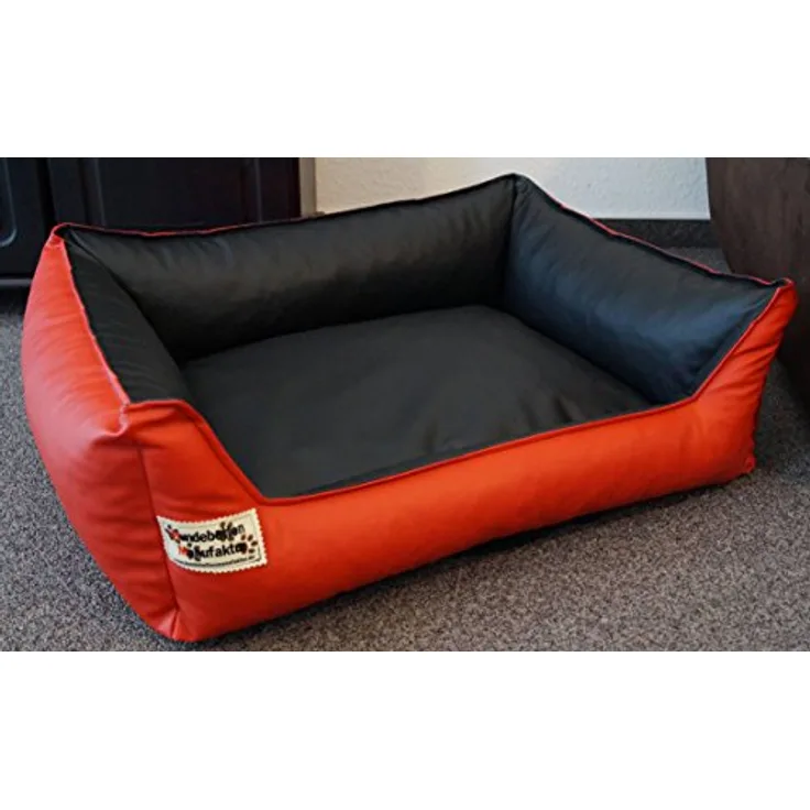 Hundebettenmanufaktur Hundebett Hundesofa, Schlafplatz aus Kunstleder Similpelle, wahlweise in rot-schwarz, Größe wählbar von XS bis XXL (70 cm X 55 cm), pflegeleicht und robust