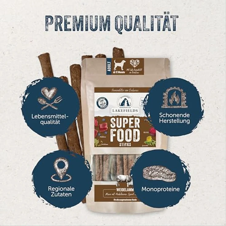 Lakefields SUPERFOOD Sticks, Premium Hundeleckerli vom Weidelamm, 61% Fleisch, getreidefrei, 130g, mit Heidelbeeren, Spinat & Hagebutte, entwickelt mit Tierärzten – Bild 2