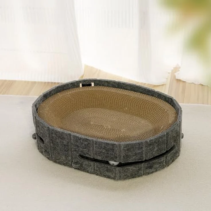 Lyveo Katzenbett mit Kratzbrett & Spielball, 3-in-1 Katzenzubehör für kleine bis mittelgroße Katzen, grau, 43×34×11 cm – Bild 5
