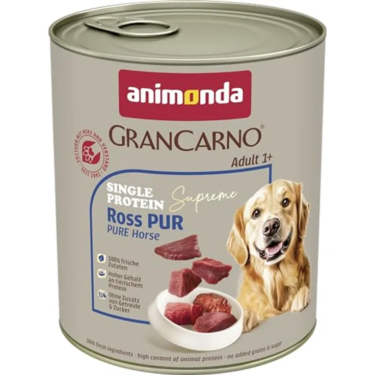 animonda GranCarno Hunde Nassfutter Single Protein Ross pur (6 x 800g), getreidefreies Hundefutter ohne Zucker, mit frischem Pferdefleisch und Innereien für ausgewachsene Allergiker-Hunde