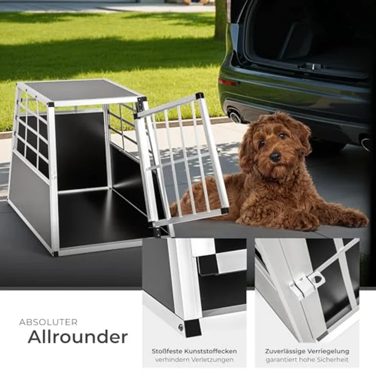 tectake® Hundebox Auto, Aluminium Hundetransportbox, leicht und stabil, trapezförmig, 65 x 90 x 69,5 cm (Single Groß) – Bild 4