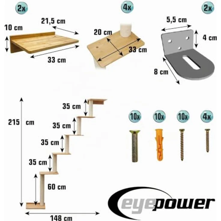 eyepower Kratzbaum zur Wandmontage Milo, 215 cm mit 6 Bambus Plateau, Sisalstamm und Montagewinkeln, platzsparend für Katzen – Bild 4