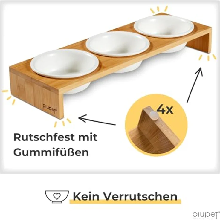 PiuPet 3er Katzennapf Set, Keramikfressnäpfe mit Bambus-Napferhöhung, 250ml, rutschfest und spülmaschinenfest – Bild 3