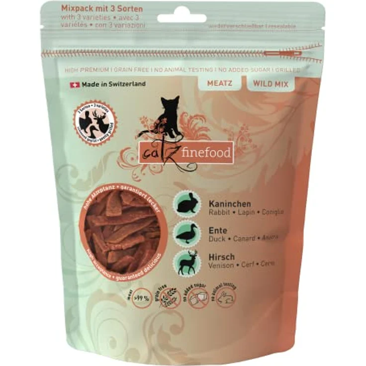 Catz Finefood Meatz Wild Mix, Katzensnack mit Kaninchen, Ente und Hirsch, 45g, ohne Getreide- und Zuckerzusatz – Bild 2