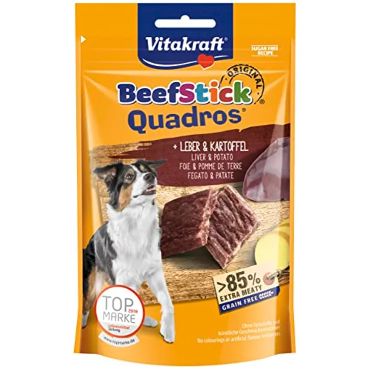 Vitakraft Beef Stick Quadros Plus mit Leber & Kartoffel, 7 x 70g, zuckerfreie Rezeptur, ohne Farbstoffe und Geschmacksverstärker