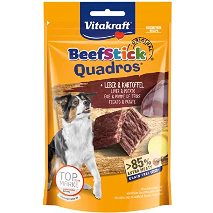 Vitakraft Beef Stick Quadros Plus mit Leber & Kartoffel, 7 x 70g, zuckerfreie Rezeptur, ohne Farbstoffe und Geschmacksverstärker