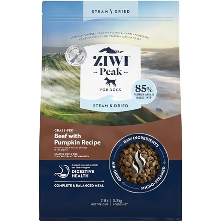 ZIWI Peak Steam & Getrocknetes Grasfutter Rindfleisch & Kürbis, 3,2 kg – proteinreich, getreidefreies Trockenfutter für Hunde, rohe Hundefutteralternative